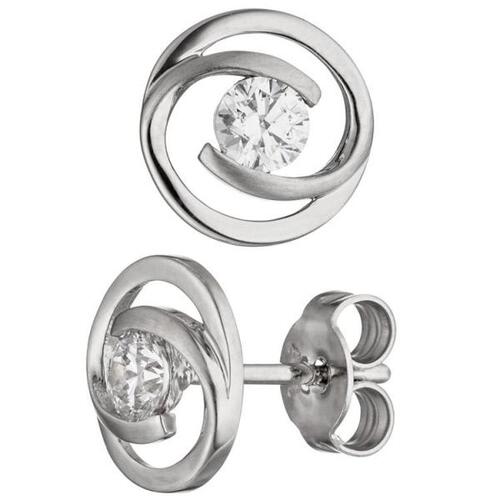 Ohrstecker rund 333 Gold Wei�gold matt 2 Zirkonia Ohrringe