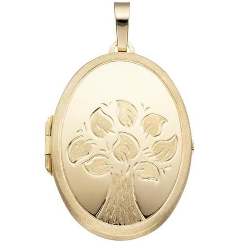 Medaillon Baum oval f�r 2 Fotos 585 Gelbgold Anh�nger zum �ffnen