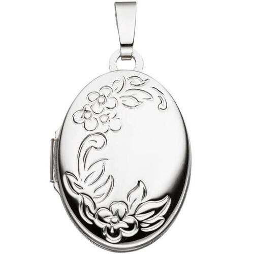 Medaillon Blumen oval f�r 2 Fotos 585 Wei�gold Anh�nger zum �ffnen