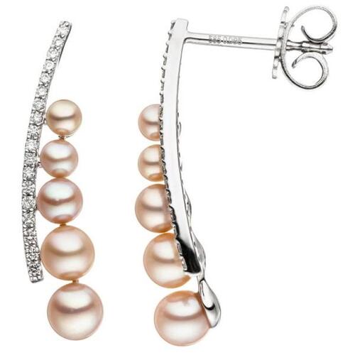 Ohrh�nger 585 Wei�gold 10 S��wasserperlen Perlen rosa 36 Diamanten