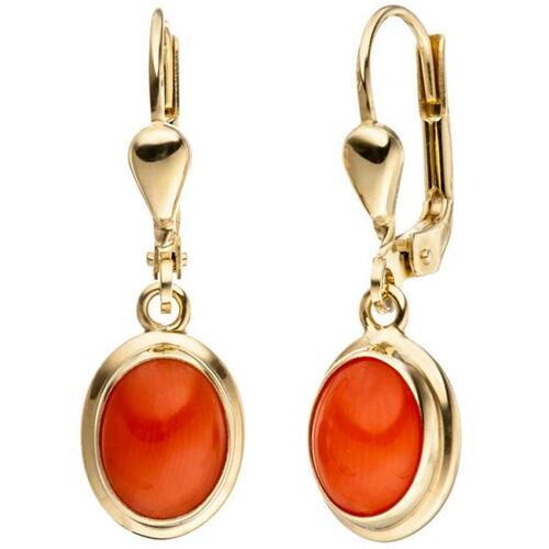 Ohrh�nger oval 333 Gold Gelbgold 2 Korallen orange Ohrringe Goldohrringe