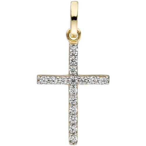 Anh�nger Kreuz schmal 375 Gold Gelbgold 16 Zirkonia Goldkreuz