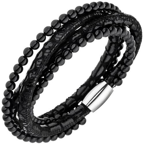 Armband Leder schwarz mit Onyx Kugeln und Edelstahl 19 cm | Armschmuck  direkt bestellen