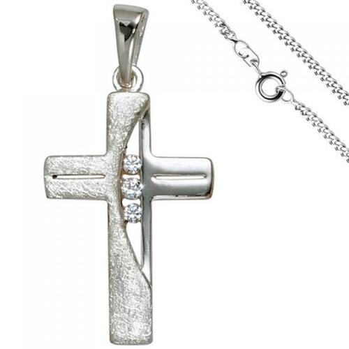 Anh�nger Kreuz 925 Silber 3 Zirkonia Kreuzanh�nger mit Kette 50 cm