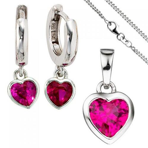 Kinder M�dchen Schmuck-Set Herz pink rosa 925 Silber Zirkonia mit Kette