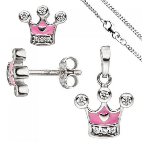 Kinder M�dchen Schmuck-Set Krone pink rosa 925 Silber Zirkonia mit Kette 38 cm