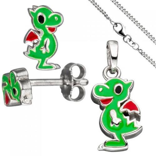 Kinder Schmuck-Set Kleiner Drache 925 Silber gr�n lackiert mit Kette 38 cm