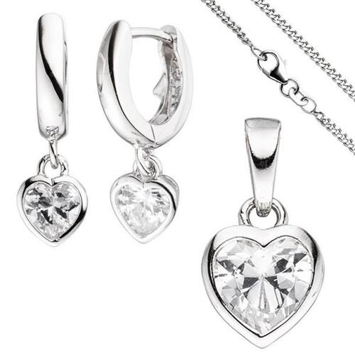 Kinder Schmuck-Set Herz 925 Silber mit Zirkonia Anh�nger Ohrringe Kette 42 cm