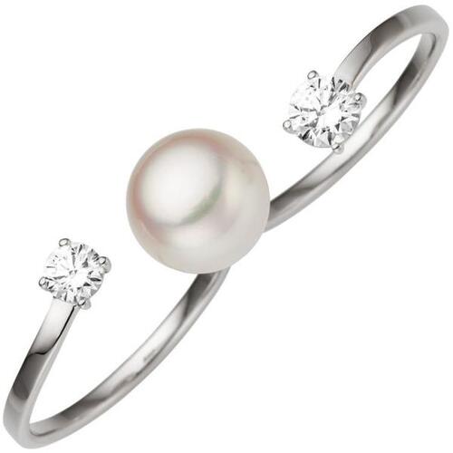Damen Zweifinger Ring 333 Gold Wei�gold 1 Perle 2 Zirkonia (Gr��e: 58)