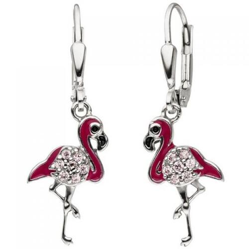 Kinder Ohrh�nger Flamingo pink 925 Silber 14 Zirkonia Ohrringe