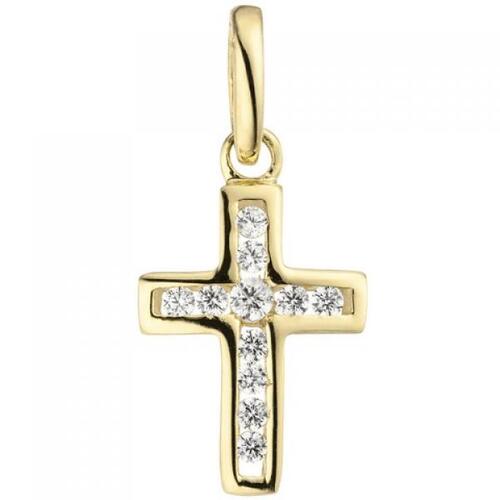 Anh�nger Kreuz 375 Gold Gelbgold 11 Zirkonia Kreuzanh�nger Goldkreuz