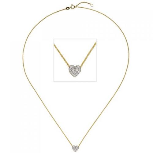 Collier Kette mit Anh�nger Herz 375 Gelbgold bicolor 14 Zirkonia 45 cm