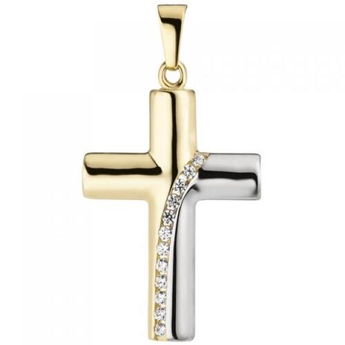 Anh�nger Kreuz 333 Gold Gelbgold bicolor 12 Zirkonia Kreuzanh�nger
