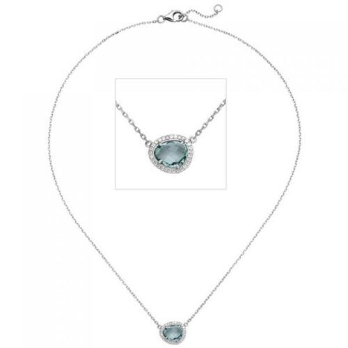 Kette mit Anh�nger 925 Silber 1 Glasstein hellblau 29 Zirkonia 45 cm