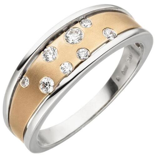Damen Ring 375 Gold Wei�gold Rotgold bicolor matt 8 Zirkonia Goldring (Gr��e: 52)
