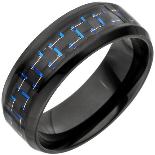 Herren Ring Edelstahl schwarz beschichtet mit Carbon Einlage blau (Gr��e: 64)