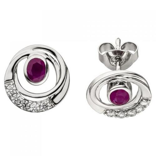 Ohrstecker 375 Gold Wei�gold 10 Zirkonia 2 Rubine Ohrringe Rubinohrringe