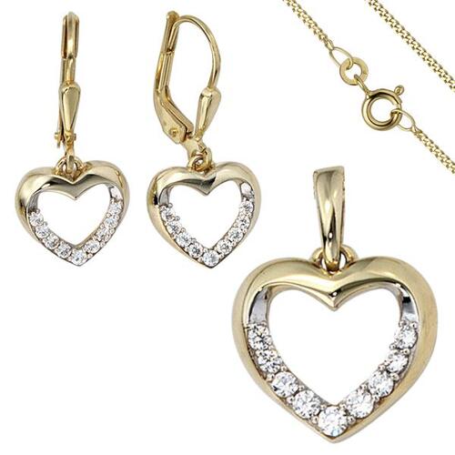 Schmuck-Set 333 Herz Gold Gelbgold Zirkonia Ohrringe Anh�nger und Kette 42 cm