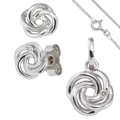 Schmuck-Set Knoten 585 Gold Wei�gold 3 Diamanten Ohrringe und Kette 45 cm