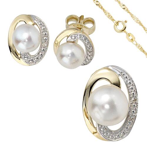 Schmuck-Set 585 Gelbgold bicolor 3 Perlen 4 Diamanten Kette 42 cm