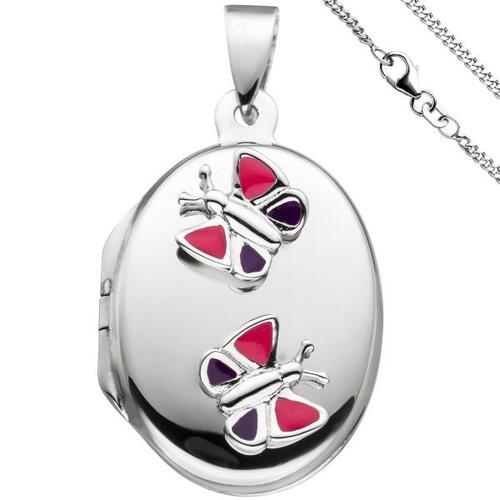 Medaillon Schmetterling, Anh�nger f�r 2 Fotos oval 925 Silber mit Kette 42 cm
