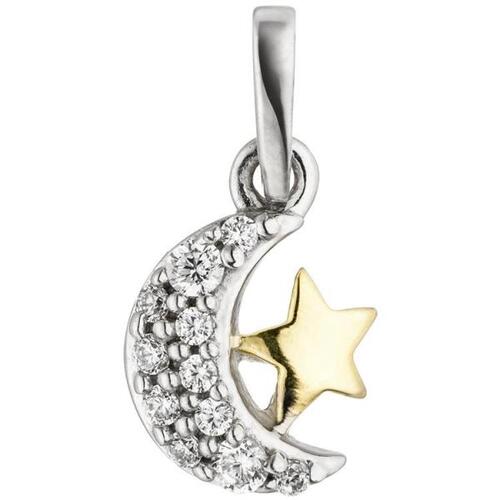Anh�nger Mond Stern 925 Silber bicolor vergoldet 11 Zirkonia