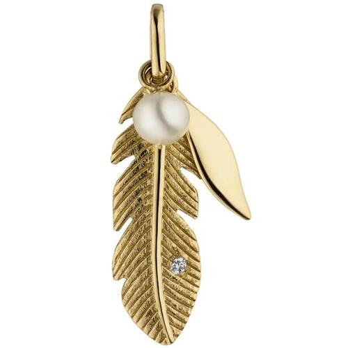 Anh�nger Feder aus 585 Gelbgold 1 S��wasser Perle 1 Diamant Brillant