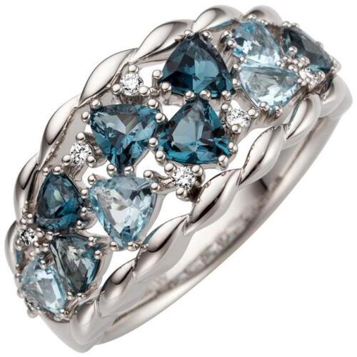 Damen Ring 585 Wei�gold 10  Blautopase blau 8 Diamanten (Gr��e: 58)