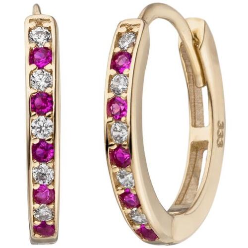 Creolen oval 333 Gold Gelbgold 20 Zirkonia rot wei� Ohrringe