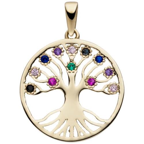 Anh�nger Lebensbaum 333 Gold Gelbgold 12 Zirkonia bunt