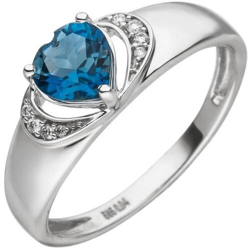 Damen Ring Herz 585 Wei�gold 1 Blautopas 8 Diamanten (Gr��e: 60)