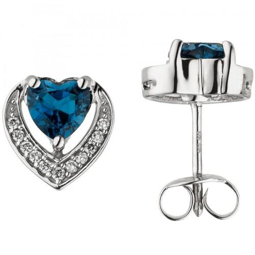 Ohrstecker Herz 585 Wei�gold 2 Blautopase 22 Diamanten Brillanten