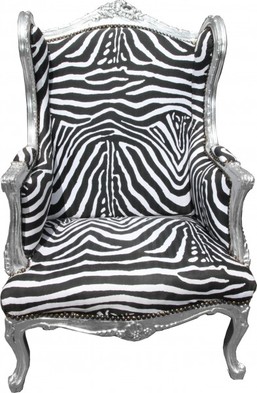 Casa Padrino Barock Lounge Thron Sessel Ohrensessel  Zebra / Silber - Limited Edition