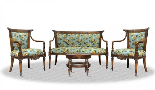 Casa Padrino Antik Stil Salon Set antik braun / blau mit Blumenmuster - Barock M�bel