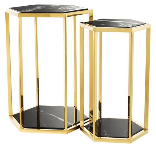 Casa Padrino Luxus Beistelltisch 2er Set in gold mit schwarzem Marmor - Luxus Qualit�t