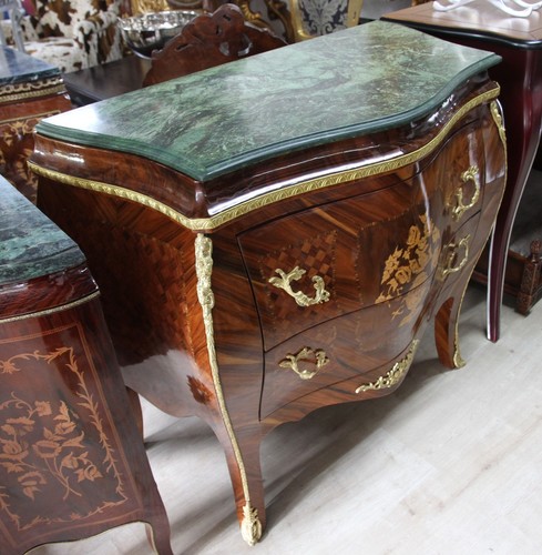 Barock Kommode Braun mit Marmorplatte Mahagoni Intarsien mit 2 Schubladen