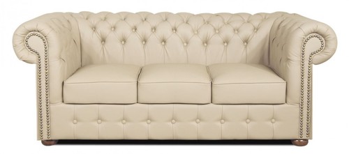 Casa Padrino Echtleder 3er Sofa Creme 200 x 90 x H. 78 cm - Luxus Chesterfield Sofa
