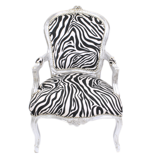 Casa Padrino Barock Salon Stuhl Zebra / Silber mit Armlehnen - Barockmbel
