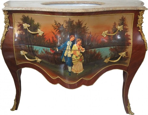 Casa Padrino Barock Waschtisch Braun mit Malerei und cremefarbener Marmorplatte - Luxus Barock Badezimmerm�bel