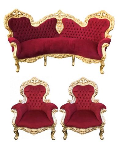 Casa Padrino Barock Sofa Garnitur Bordeaux/Gold + 2 Sessel - Wohnzimmer Barock - Limited Edition