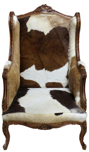 Barock Lounge Thron Sessel Kuhfell Mod3 - Ohren Sessel - Ohrensessel Tron Stuhl B