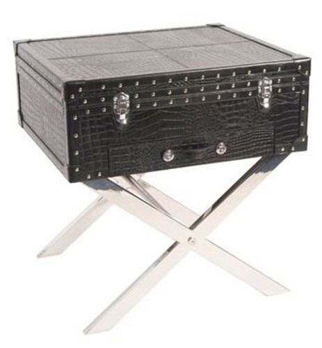 Casa Padrino Koffer Konsole Echtleder schwarz in Croco Optik 50 x 50 x 45 cm - Nachttisch Nachtkonsole 