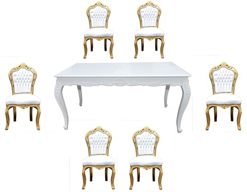 Casa Padrino Barock Esszimmer Set Wei�/Gold - Esstisch + 6 St�hle ohne Armlehnen