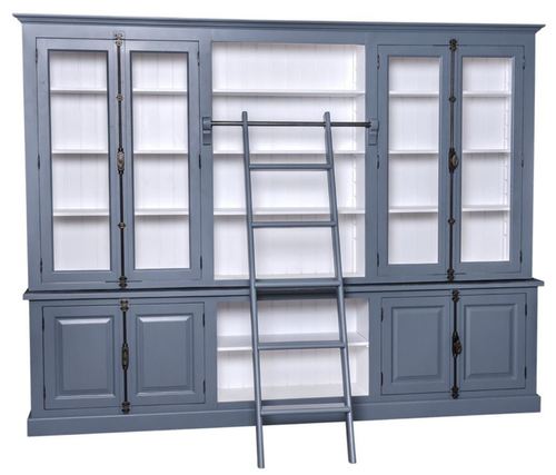 Casa Padrino Landhausstil B�cherschrank mit Leiter Blau / Wei� 300 x 50 x H. 230 cm - Landhausstil M�bel