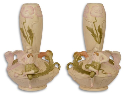 Casa Padrino Jugendstil Porzellan Blumenvasen Set Beige / Mehrfarbig 17,5 x 17 x H. 25,8 cm - Deko Vasen