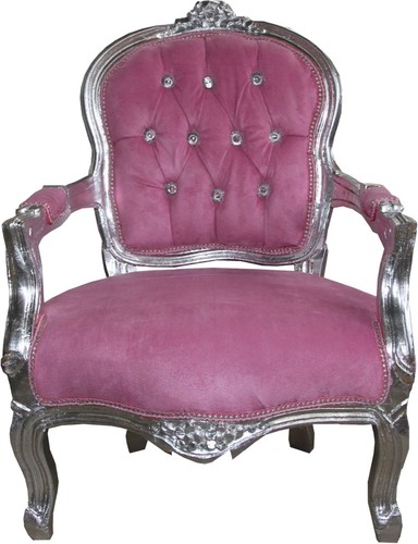 Casa Padrino Barock Kinder Stuhl Rosa / Silber mit Bling Bling Glitzersteinen - Kinderm�bel