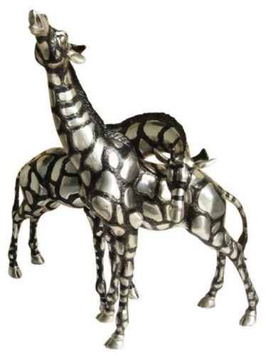 Casa Padrino Giraffen Bronzefiguren Set Silber / Schwarz 40 x 9 x H. 52 cm - Luxus Qualit�t