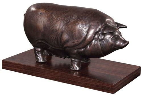 Casa Padrino Luxus Bronzefigur Schwein auf Holzsockel Bronze / Dunkelbraun 35 x 17 x H. 19 cm - Deko Figur 