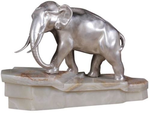 Casa Padrino Luxus Bronzefigur Elefant auf Marmorsockel Silber / Wei� 44 x 19 x H. 30 cm - Luxus Qualit�t