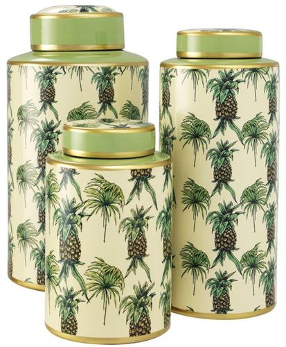 Casa Padrino Luxus Porzellan Dosen 3er Set Ananas Design Gr�n / Mehrfarbig - Luxus Qualit�t